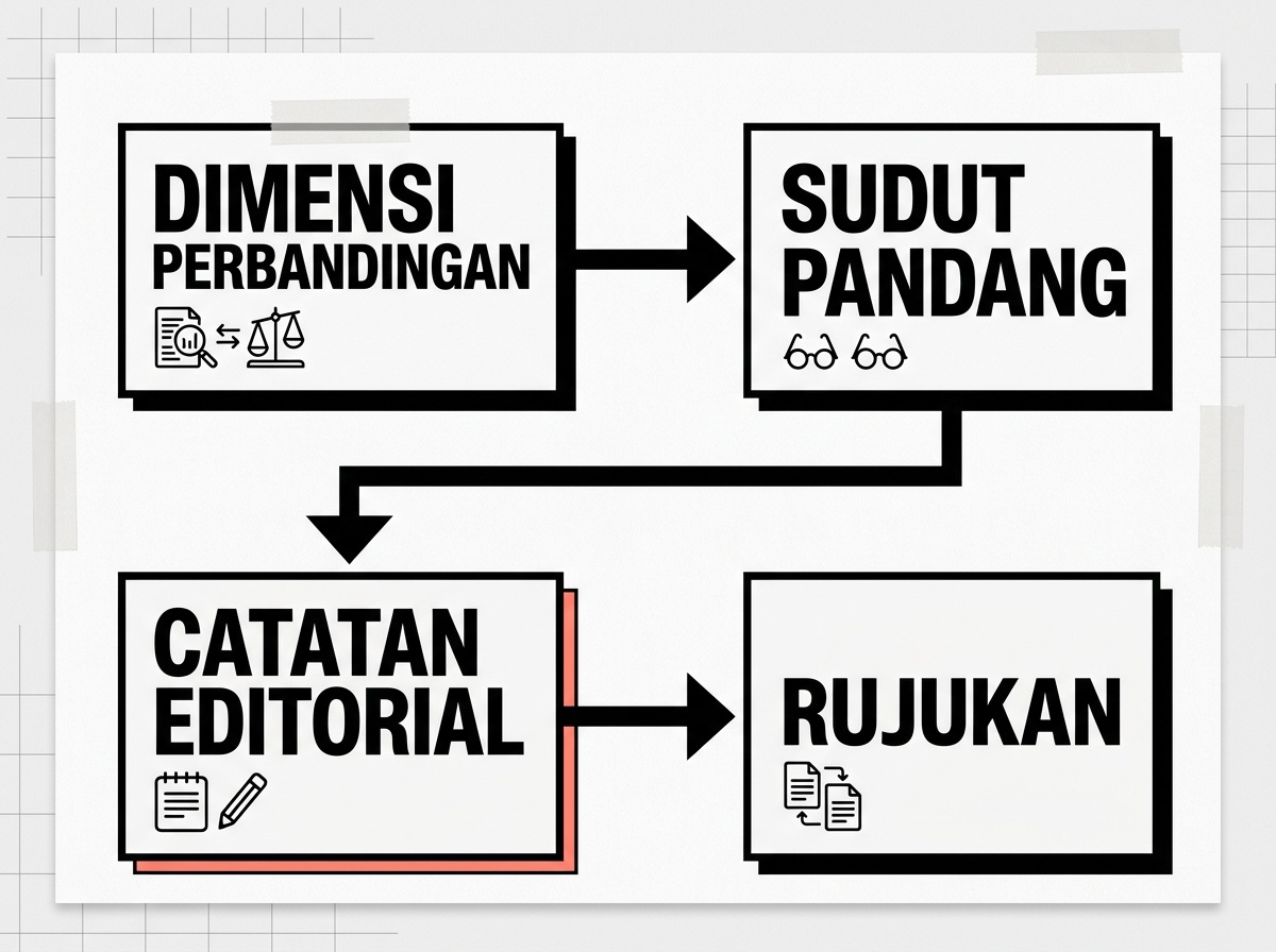 Papan tulis berisi empat kotak alur penulisan ulasan dengan panah penghubung.