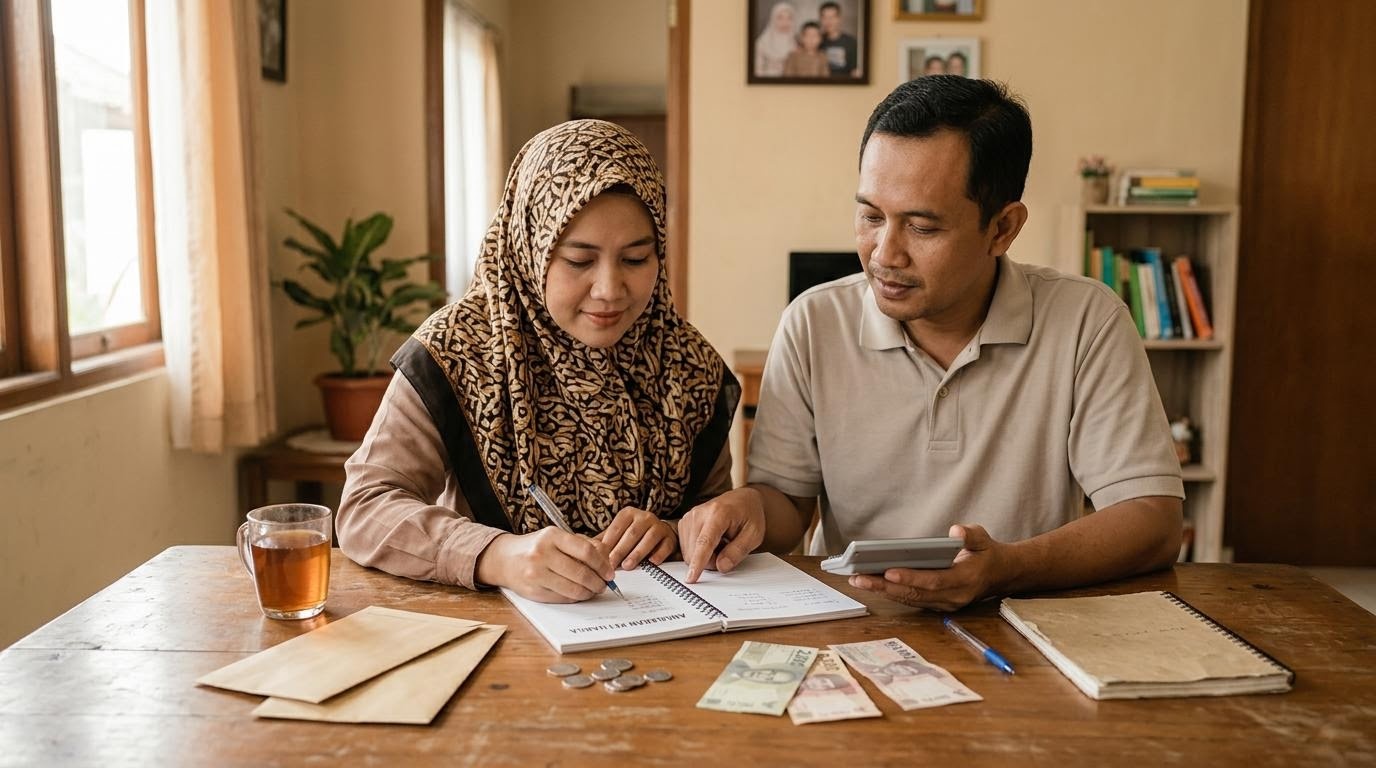 Dua orang dewasa duduk di meja kayu sambil mencatat anggaran rumah tangga sederhana.