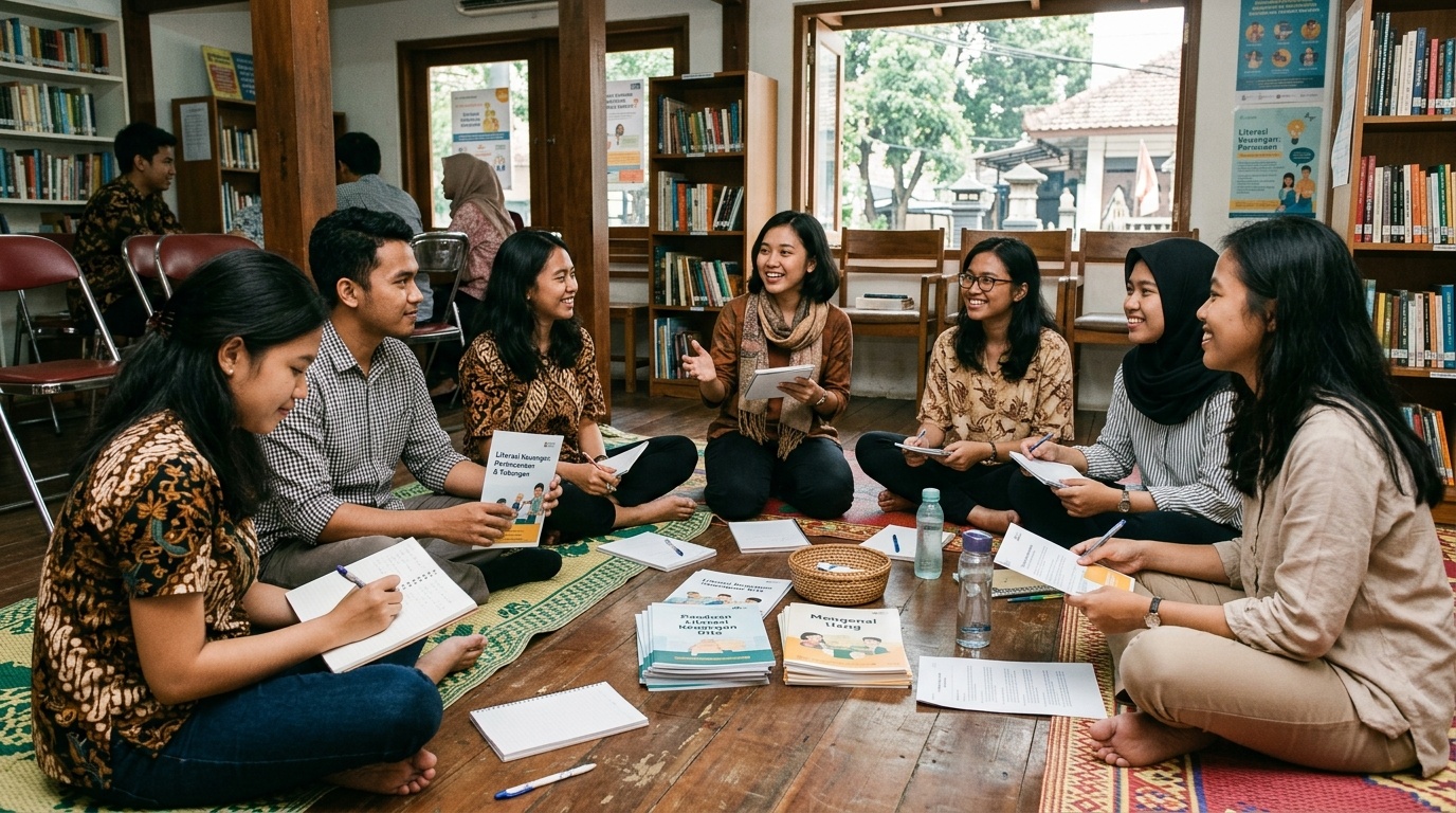 Sekelompok pembaca muda mengikuti sesi diskusi literasi keuangan di ruang komunitas.