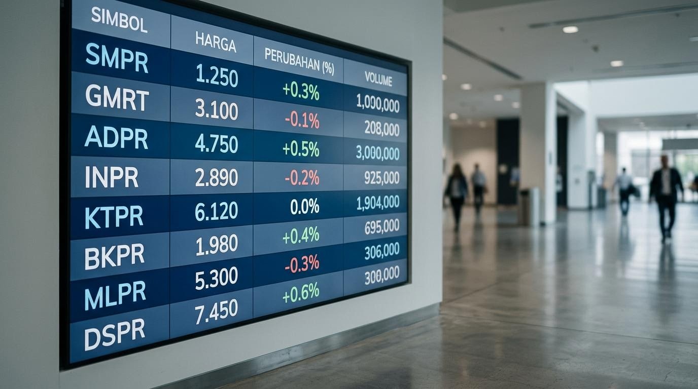 Papan informasi pergerakan harga saham di ruang publik dengan deretan angka tersusun rapi.