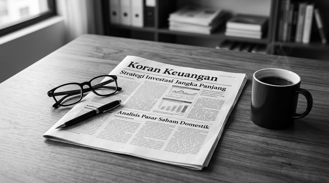 Meja redaksi dengan koran keuangan, kacamata baca, dan cangkir kopi di ruang kerja bernuansa hitam putih.
